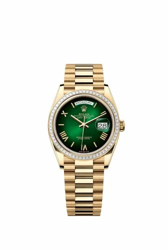 Rolex Day-Date 36 Yellow Gold - Baguette / Green Ombré - Roman / President 128398TBR-0028 (m128398tbr-0028)